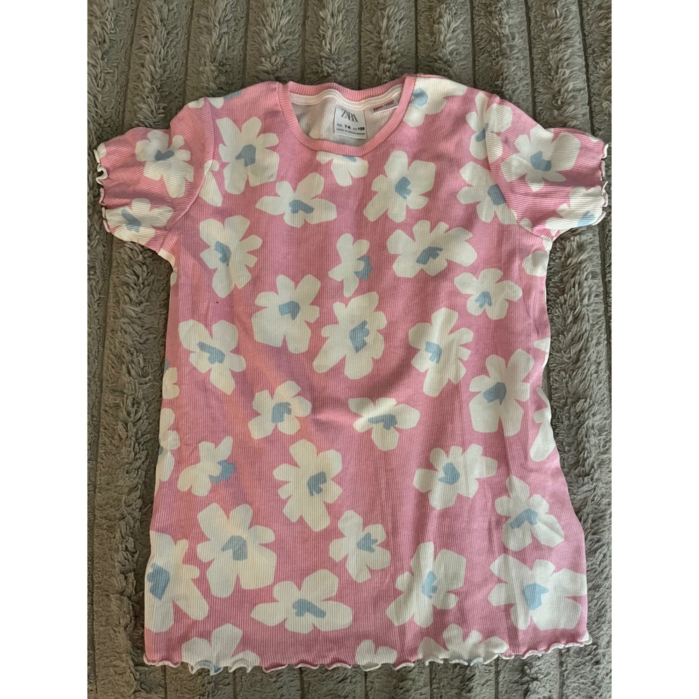 Zara Kids Girls Pink Floral Ribbed Lettuce Edge T-Shirt Size 7-8 128cm
